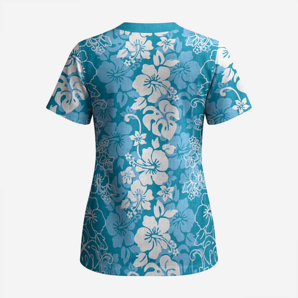 Hawaiian Lei Day Scrub Top Blue Hibiscus Flowers Lei Art - Polynesian Pride