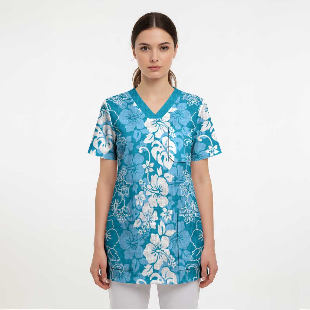 Hawaiian Lei Day Scrub Top Blue Hibiscus Flowers Lei Art - Polynesian Pride
