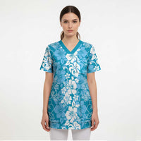 Hawaiian Lei Day Scrub Top Blue Hibiscus Flowers Lei Art - Polynesian Pride