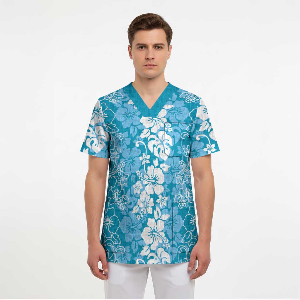 Hawaiian Lei Day Scrub Top Blue Hibiscus Flowers Lei Art - Polynesian Pride