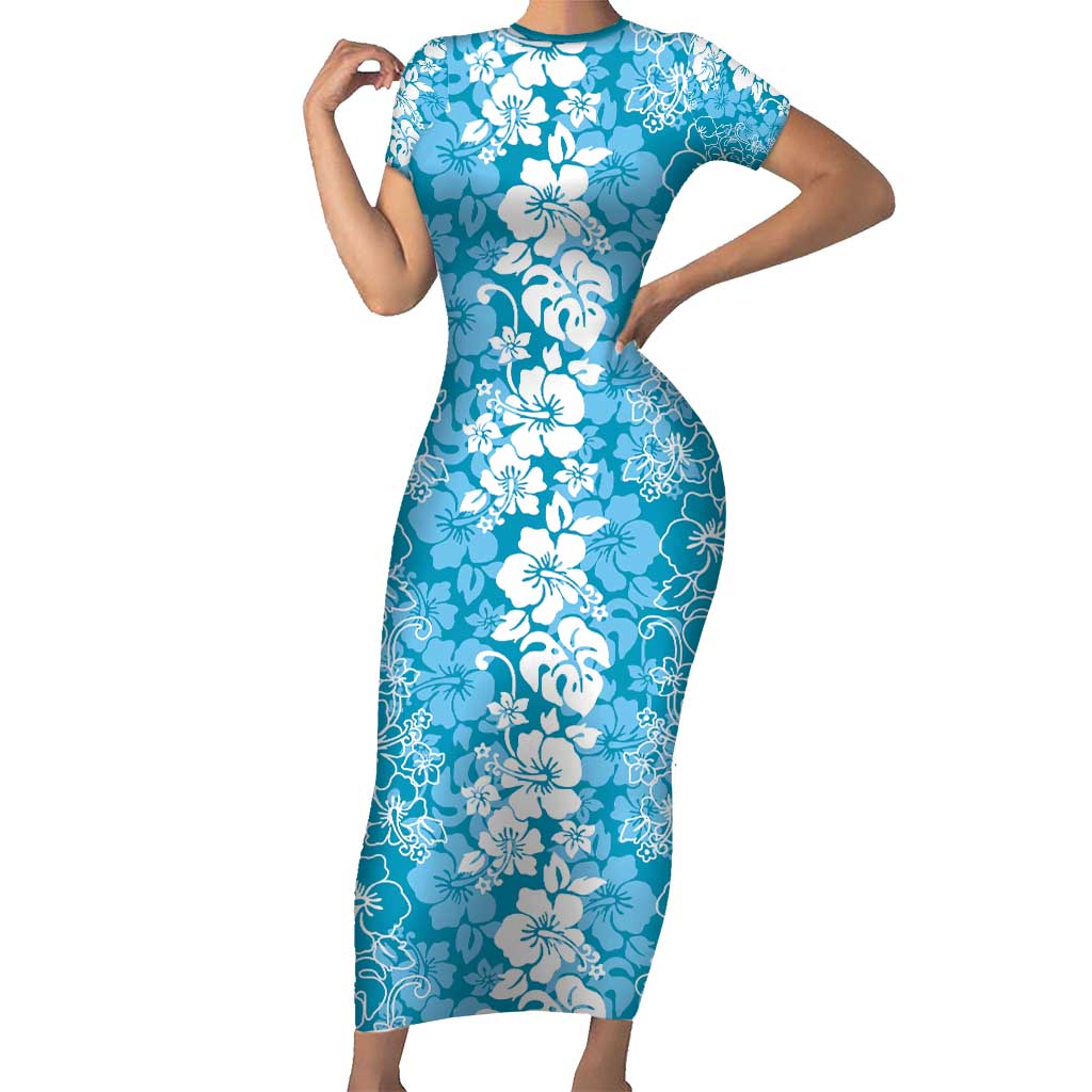 Hawaiian Lei Day Short Sleeve Bodycon Dress Blue Hibiscus Flowers Lei Art LT9 Long Dress Blue - Polynesian Pride