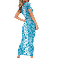 Hawaiian Lei Day Short Sleeve Bodycon Dress Blue Hibiscus Flowers Lei Art LT9 - Polynesian Pride