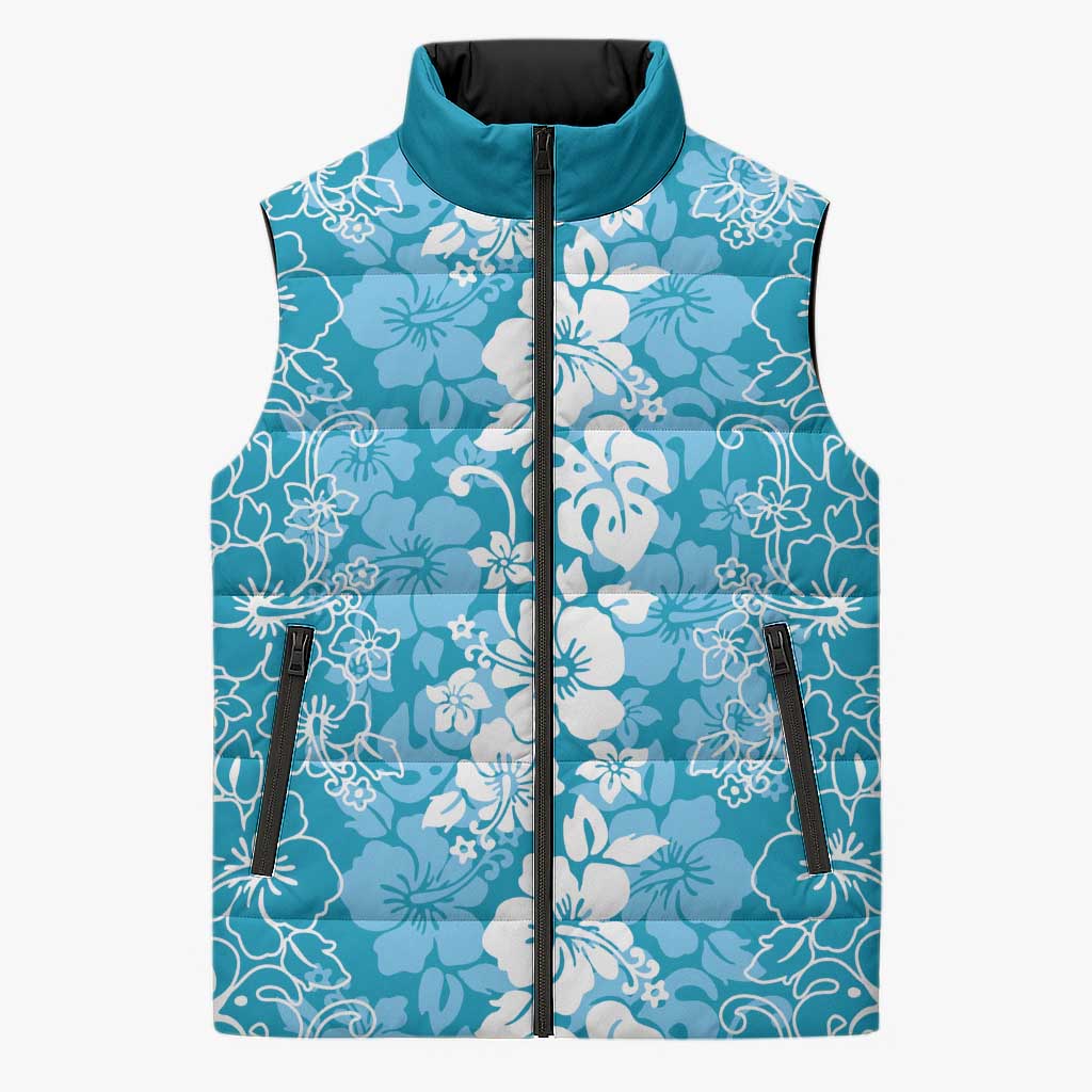 Hawaiian Lei Day Sleeveless Puffer Jacket Blue Hibiscus Flowers Lei Art LT9 Unisex Blue - Polynesian Pride