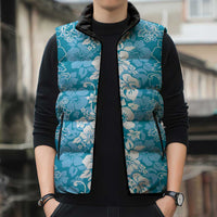 Hawaiian Lei Day Sleeveless Puffer Jacket Blue Hibiscus Flowers Lei Art - Polynesian Pride