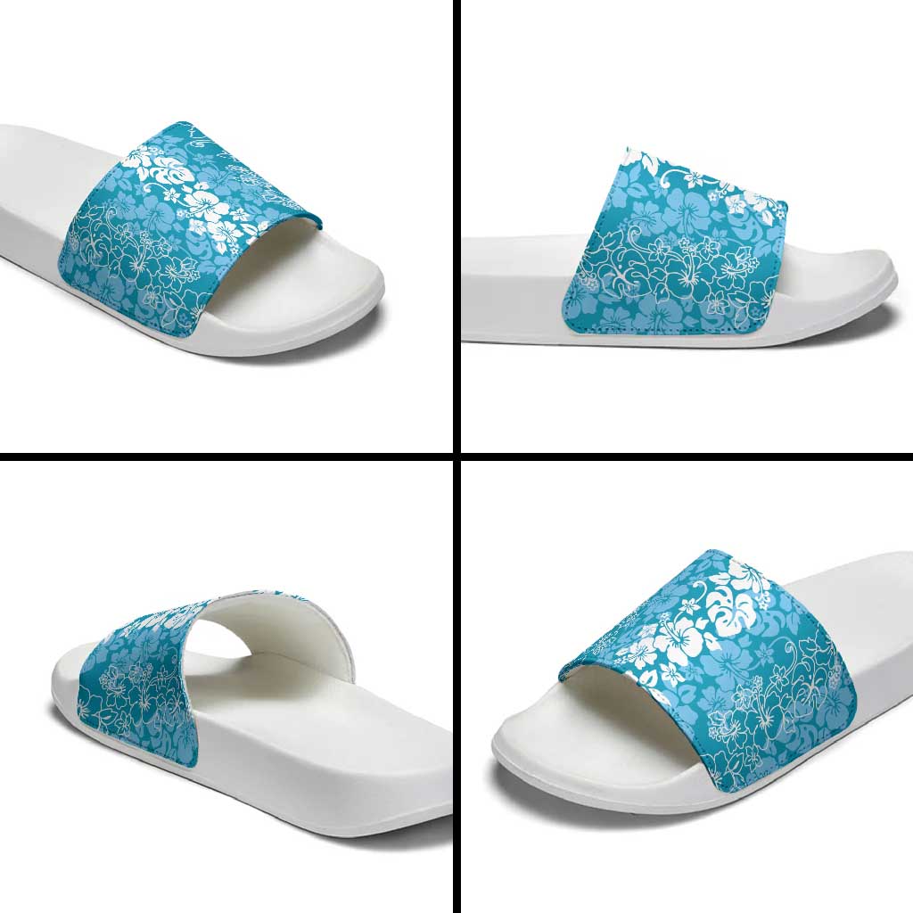 Hawaiian Lei Day Slide Sandals Blue Hibiscus Flowers Lei Art - Polynesian Pride