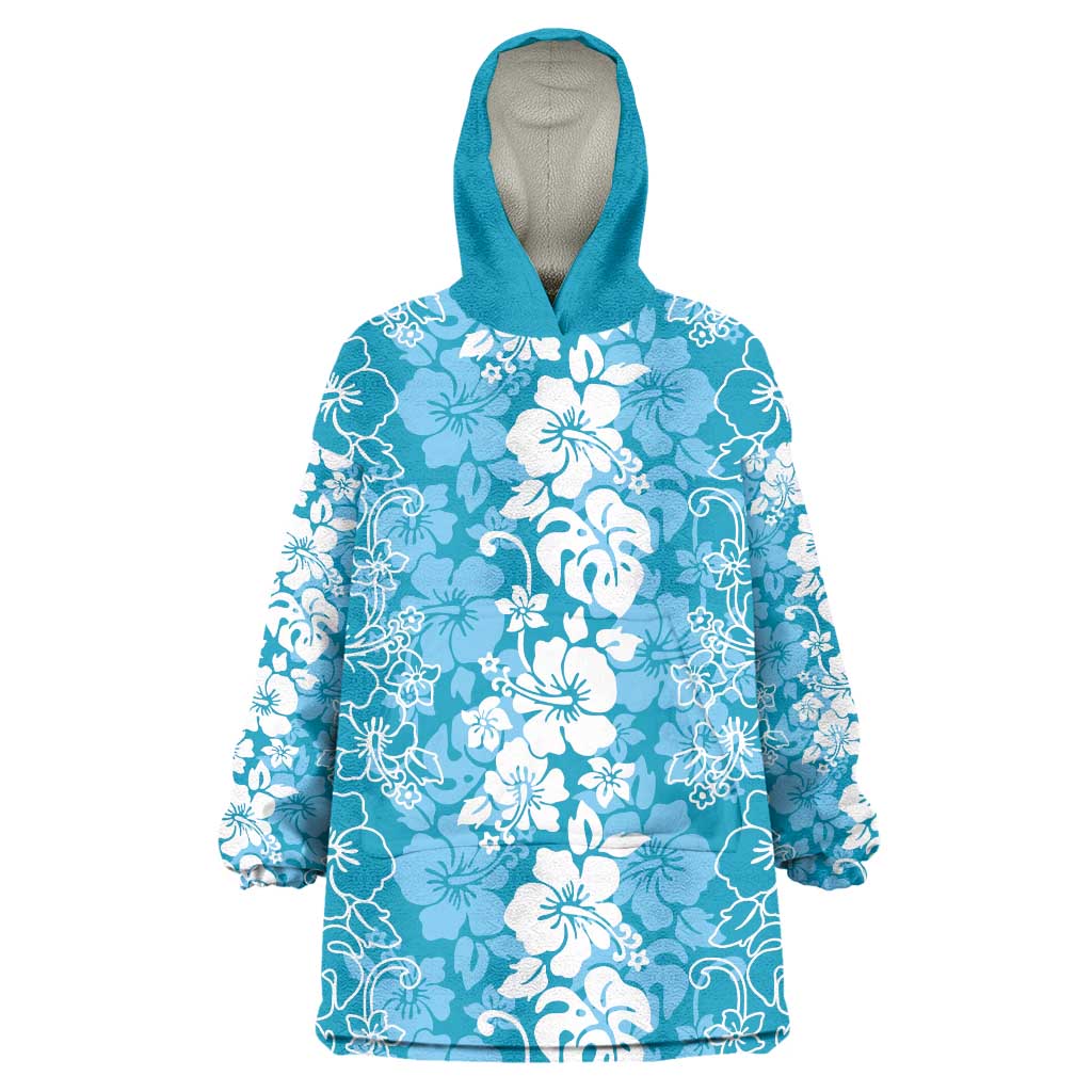 Hawaiian Lei Day Wearable Blanket Hoodie Blue Hibiscus Flowers Lei Art LT9 One Size Blue - Polynesian Pride