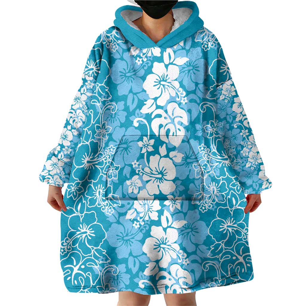 Hawaiian Lei Day Wearable Blanket Hoodie Blue Hibiscus Flowers Lei Art LT9 - Polynesian Pride