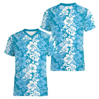 Hawaiian Lei Day Women V-Neck T-Shirt Blue Hibiscus Flowers Lei Art LT9 - Polynesian Pride
