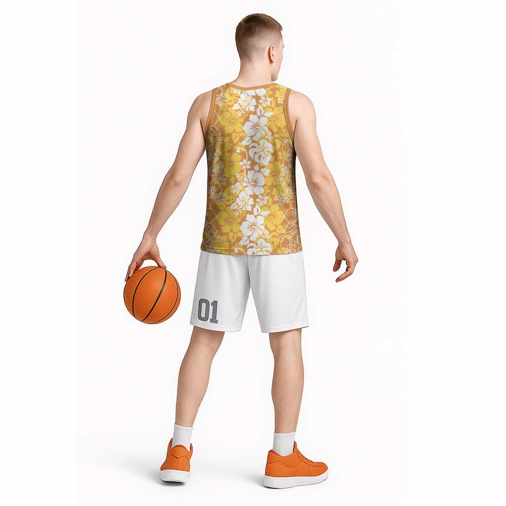 Hawaiian Lei Day Basketball Jersey Gold Hibiscus Flowers Lei Art - Polynesian Pride
