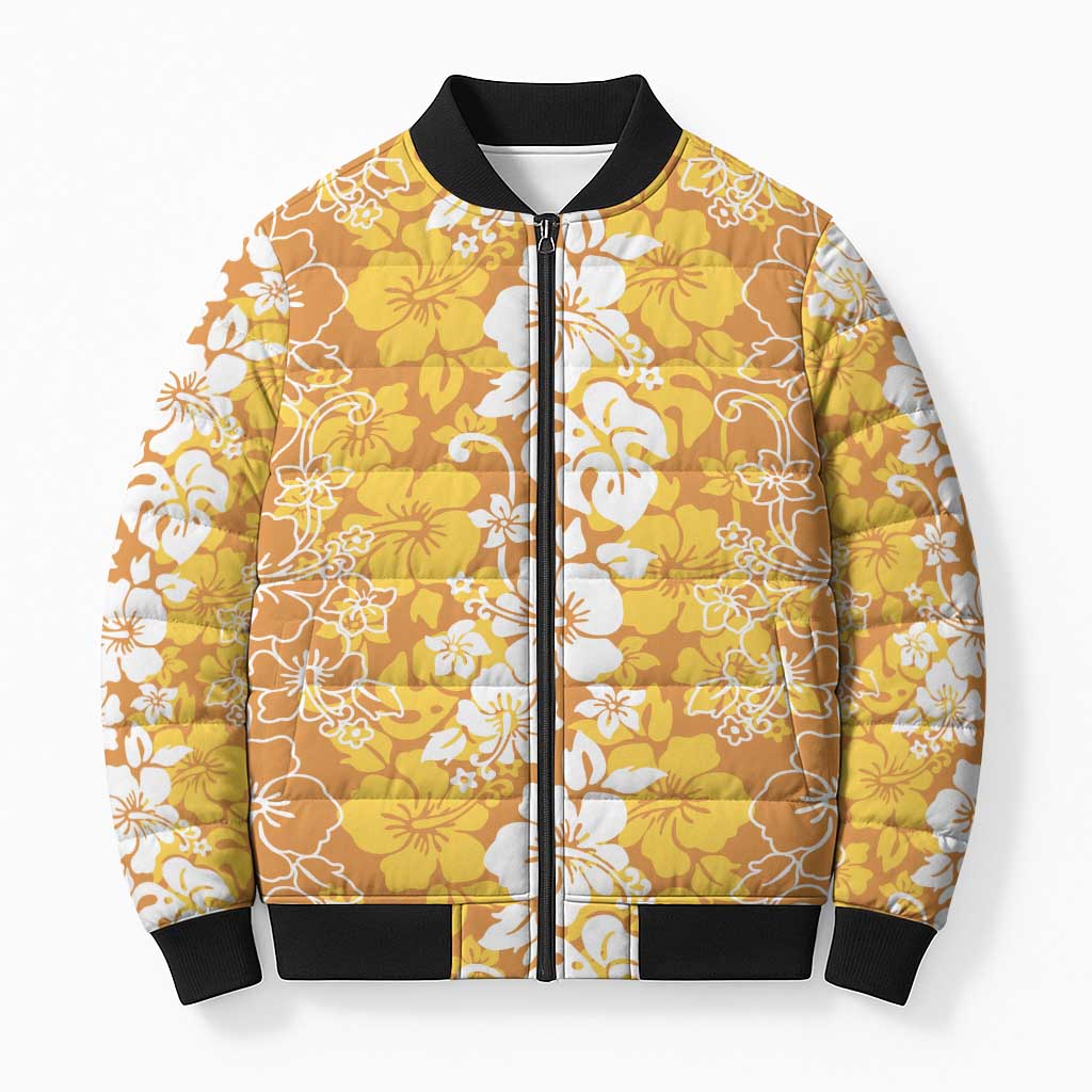 Hawaiian Lei Day Bomber Puffer Jacket Gold Hibiscus Flowers Lei Art LT9 Unisex Gold - Polynesian Pride