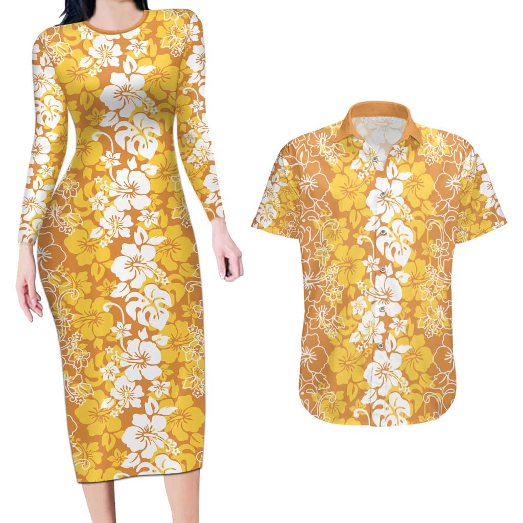 Hawaiian Lei Day Couples Matching Long Sleeve Bodycon Dress and Hawaiian Shirt Gold Hibiscus Flowers Lei Art LT9 Gold - Polynesian Pride