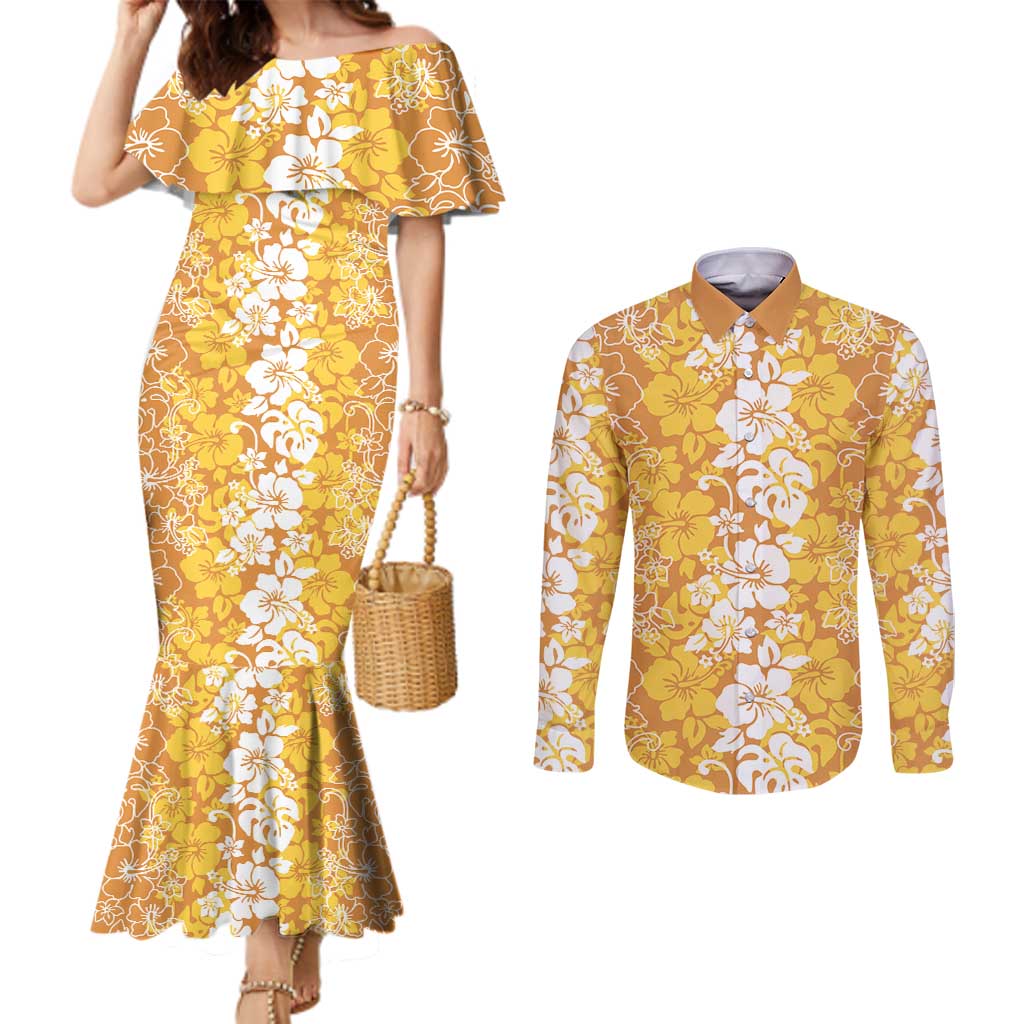 Hawaiian Lei Day Couples Matching Mermaid Dress and Long Sleeve Button Shirt Gold Hibiscus Flowers Lei Art