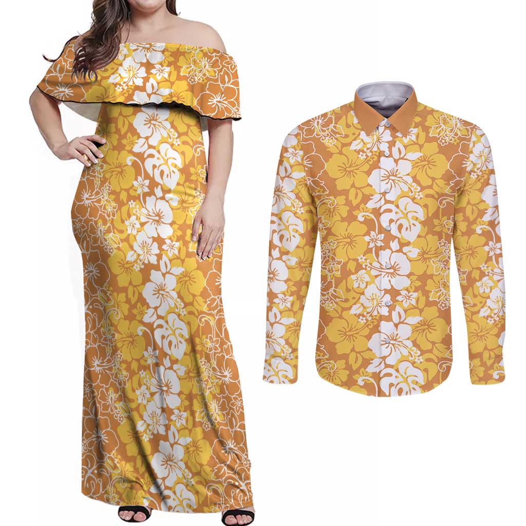 Hawaiian Lei Day Couples Matching Off Shoulder Maxi Dress and Long Sleeve Button Shirt Gold Hibiscus Flowers Lei Art LT9 Gold - Polynesian Pride
