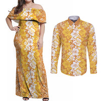 Hawaiian Lei Day Couples Matching Off Shoulder Maxi Dress and Long Sleeve Button Shirt Gold Hibiscus Flowers Lei Art LT9 Gold - Polynesian Pride