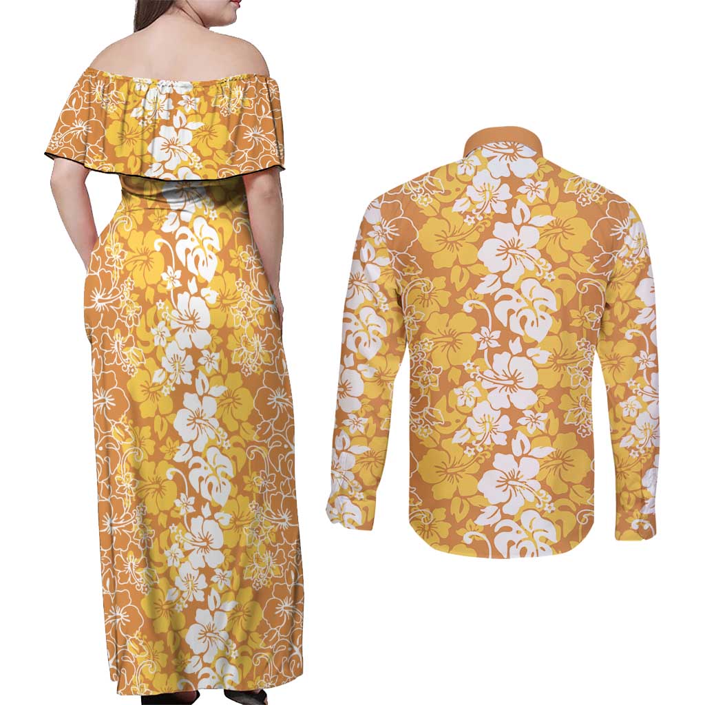 Hawaiian Lei Day Couples Matching Off Shoulder Maxi Dress and Long Sleeve Button Shirt Gold Hibiscus Flowers Lei Art LT9 - Polynesian Pride