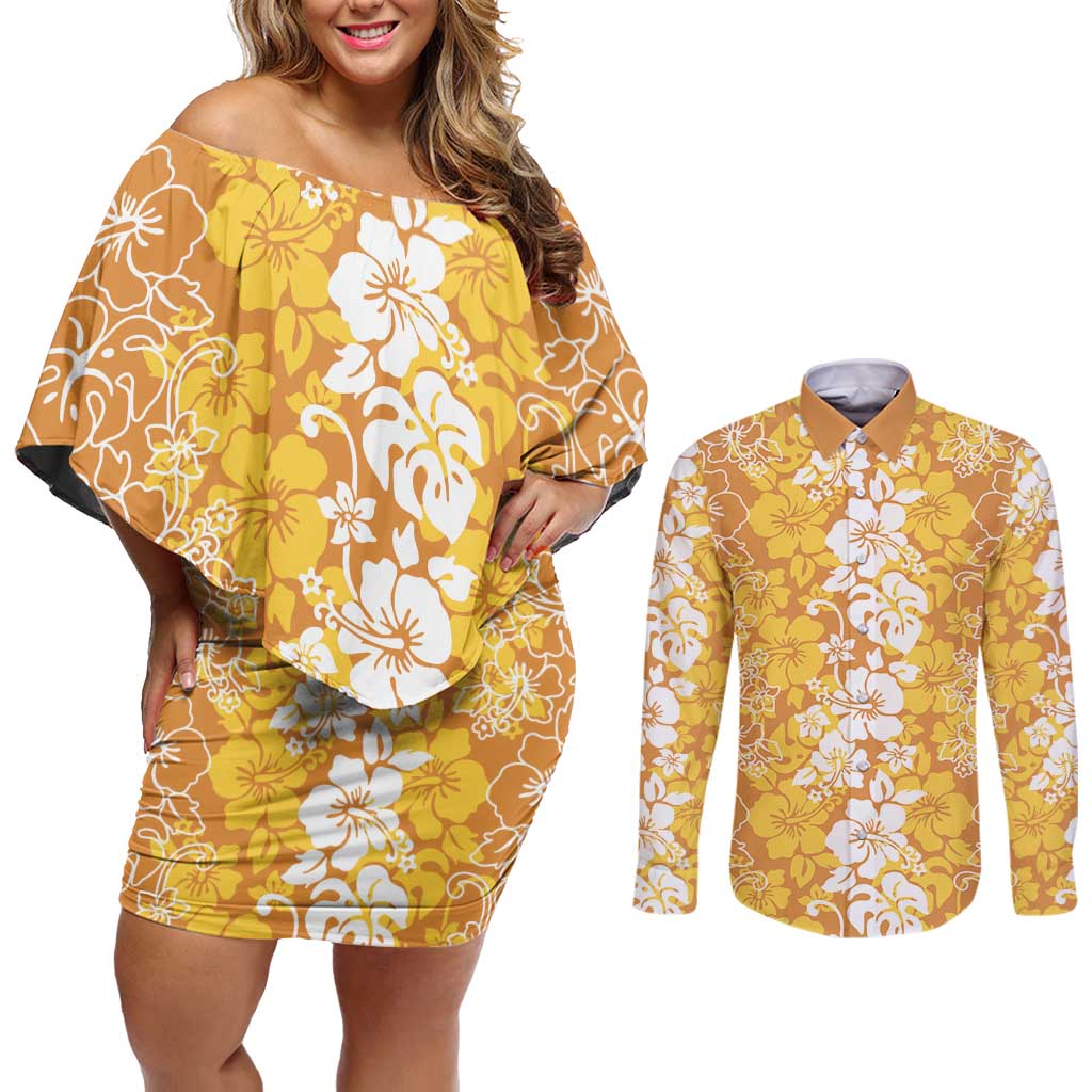 Hawaiian Lei Day Couples Matching Off Shoulder Short Dress and Long Sleeve Button Shirt Gold Hibiscus Flowers Lei Art LT9 Gold - Polynesian Pride