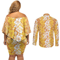 Hawaiian Lei Day Couples Matching Off Shoulder Short Dress and Long Sleeve Button Shirt Gold Hibiscus Flowers Lei Art LT9 - Polynesian Pride