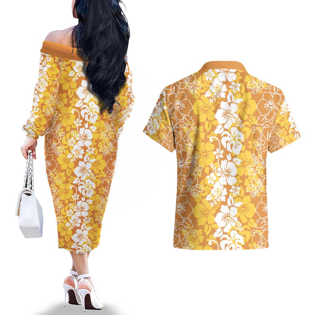 Hawaiian Lei Day Couples Matching Off The Shoulder Long Sleeve Dress and Hawaiian Shirt Gold Hibiscus Flowers Lei Art