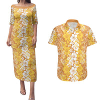 Hawaiian Lei Day Couples Matching Puletasi and Hawaiian Shirt Gold Hibiscus Flowers Lei Art LT9 Gold - Polynesian Pride