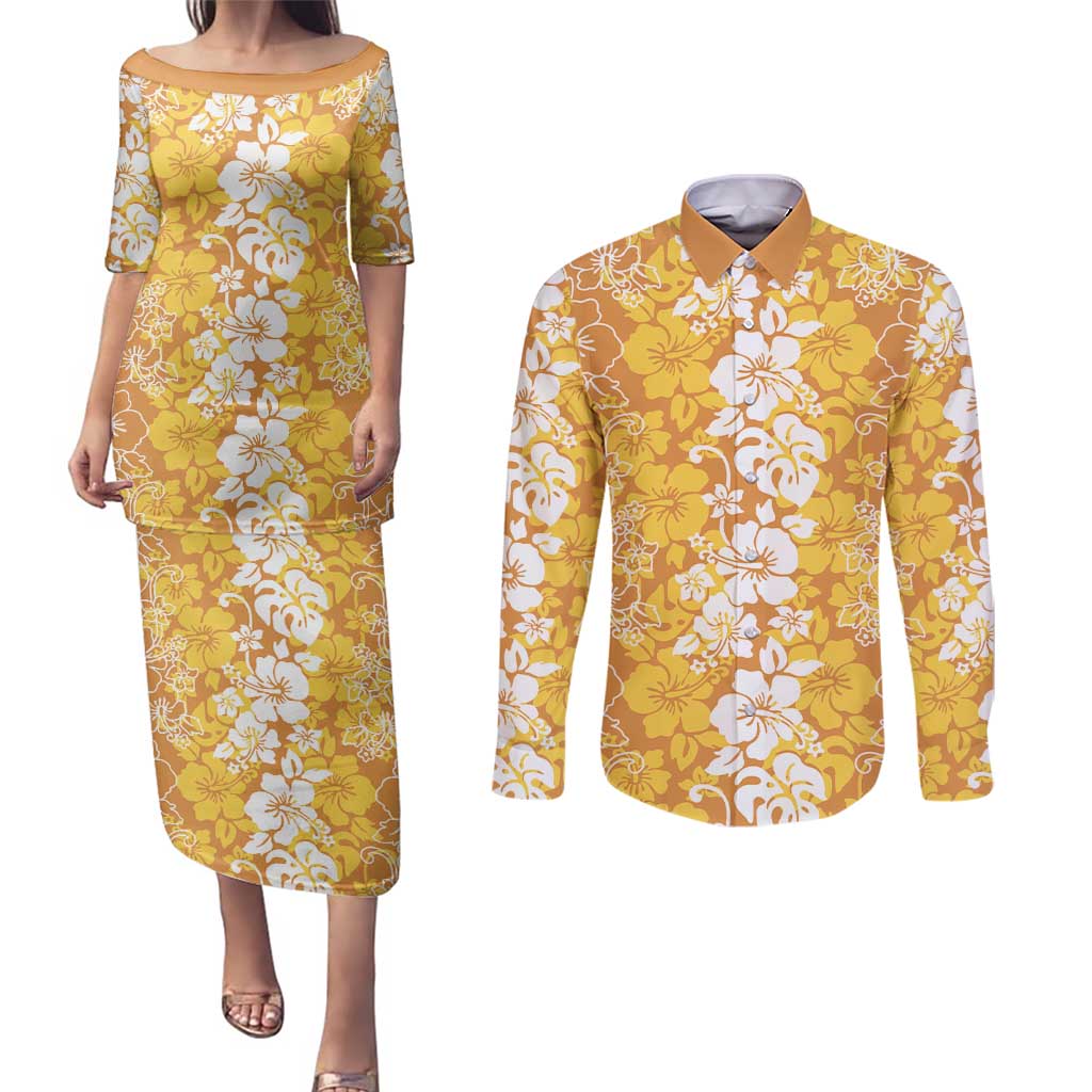 Hawaiian Lei Day Couples Matching Puletasi and Long Sleeve Button Shirt Gold Hibiscus Flowers Lei Art LT9 Gold - Polynesian Pride