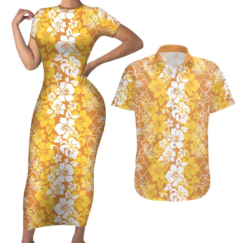 Hawaiian Lei Day Couples Matching Short Sleeve Bodycon Dress and Hawaiian Shirt Gold Hibiscus Flowers Lei Art LT9 Gold - Polynesian Pride