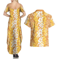 Hawaiian Lei Day Couples Matching Summer Maxi Dress and Hawaiian Shirt Gold Hibiscus Flowers Lei Art