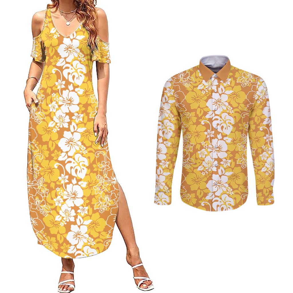 Hawaiian Lei Day Couples Matching Summer Maxi Dress and Long Sleeve Button Shirt Gold Hibiscus Flowers Lei Art LT9 Gold - Polynesian Pride