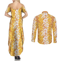 Hawaiian Lei Day Couples Matching Summer Maxi Dress and Long Sleeve Button Shirt Gold Hibiscus Flowers Lei Art LT9 - Polynesian Pride