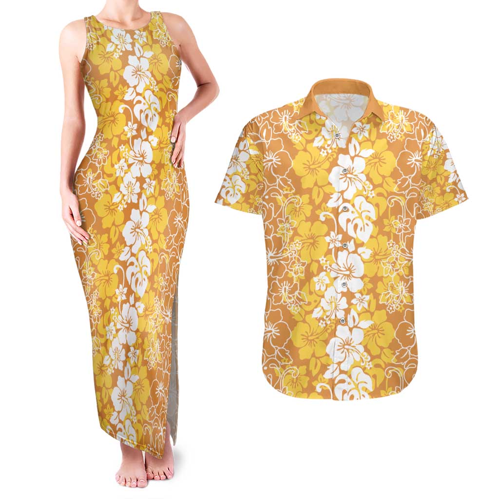 Hawaiian Lei Day Couples Matching Tank Maxi Dress and Hawaiian Shirt Gold Hibiscus Flowers Lei Art