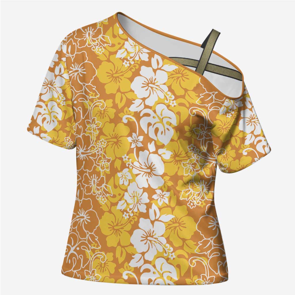 Hawaiian Lei Day Cross Shoulder Shirt Gold Hibiscus Flowers Lei Art LT9 Female Gold - Polynesian Pride