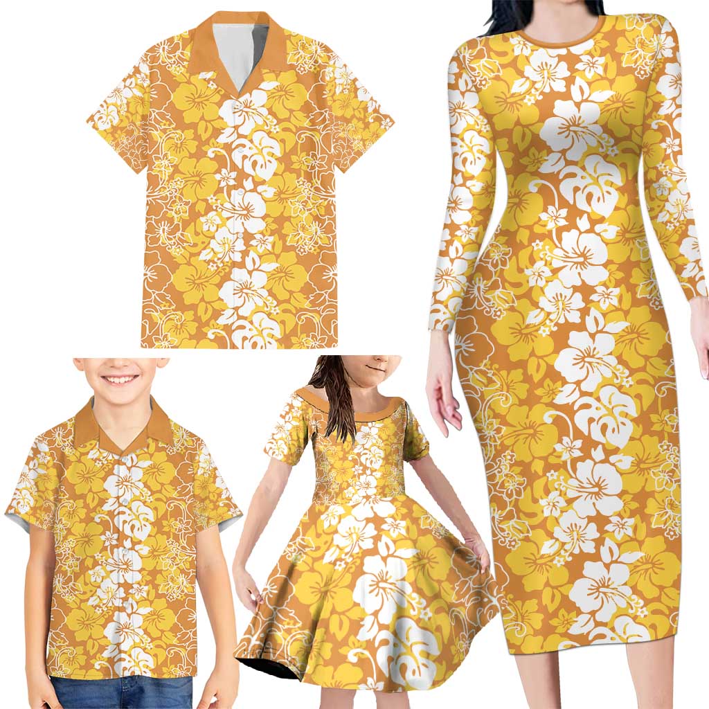 Hawaiian Lei Day Family Matching Long Sleeve Bodycon Dress and Hawaiian Shirt Gold Hibiscus Flowers Lei Art LT9 - Polynesian Pride