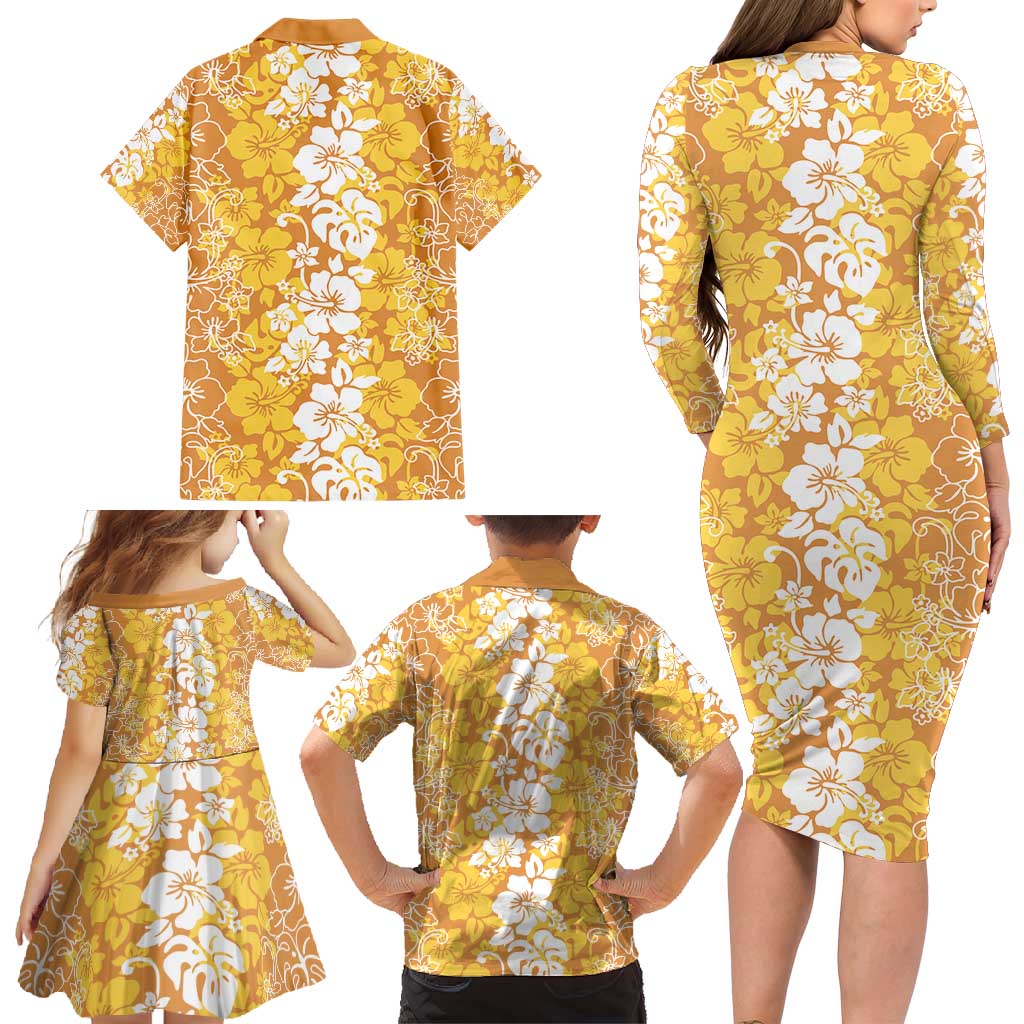Hawaiian Lei Day Family Matching Long Sleeve Bodycon Dress and Hawaiian Shirt Gold Hibiscus Flowers Lei Art LT9 - Polynesian Pride
