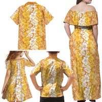 Hawaiian Lei Day Family Matching Off Shoulder Maxi Dress and Hawaiian Shirt Gold Hibiscus Flowers Lei Art