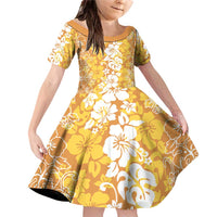 Hawaiian Lei Day Family Matching Off Shoulder Short Dress and Hawaiian Shirt Gold Hibiscus Flowers Lei Art LT9 Daughter's Dress Gold - Polynesian Pride