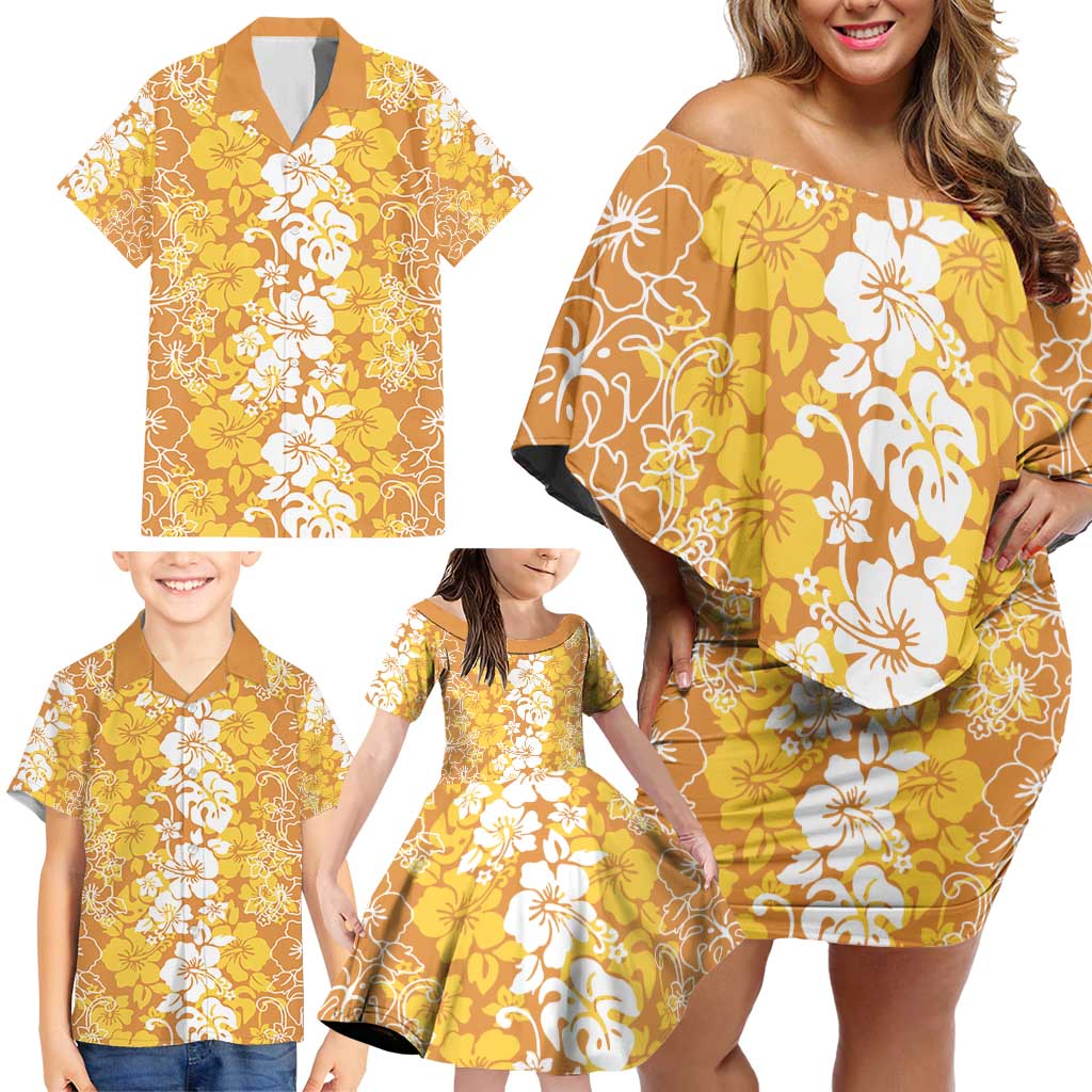Hawaiian Lei Day Family Matching Off Shoulder Short Dress and Hawaiian Shirt Gold Hibiscus Flowers Lei Art LT9 - Polynesian Pride