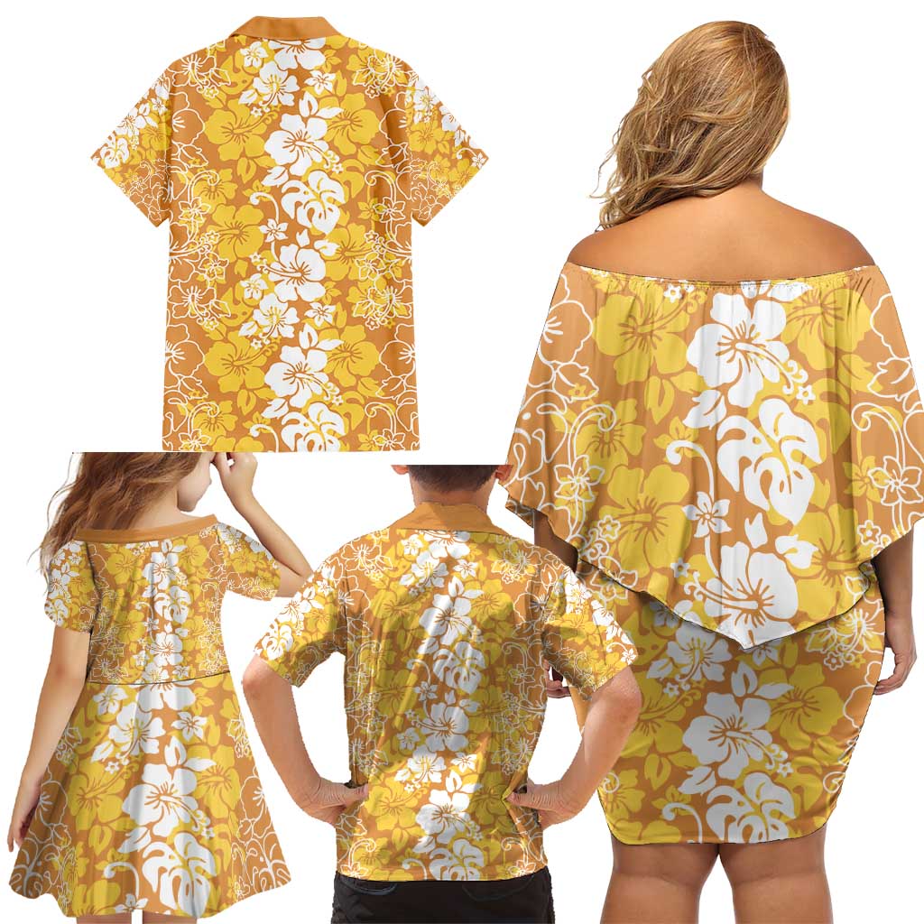 Hawaiian Lei Day Family Matching Off Shoulder Short Dress and Hawaiian Shirt Gold Hibiscus Flowers Lei Art LT9 - Polynesian Pride