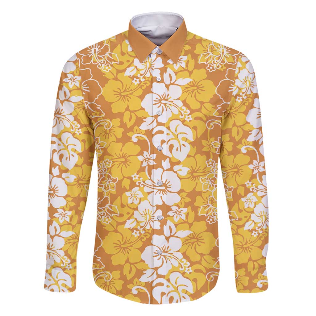 Hawaiian Lei Day Family Matching Off Shoulder Short Dress and Hawaiian Shirt Gold Hibiscus Flowers Lei Art LT9 Dad's Shirt - Long Sleeve Gold - Polynesian Pride