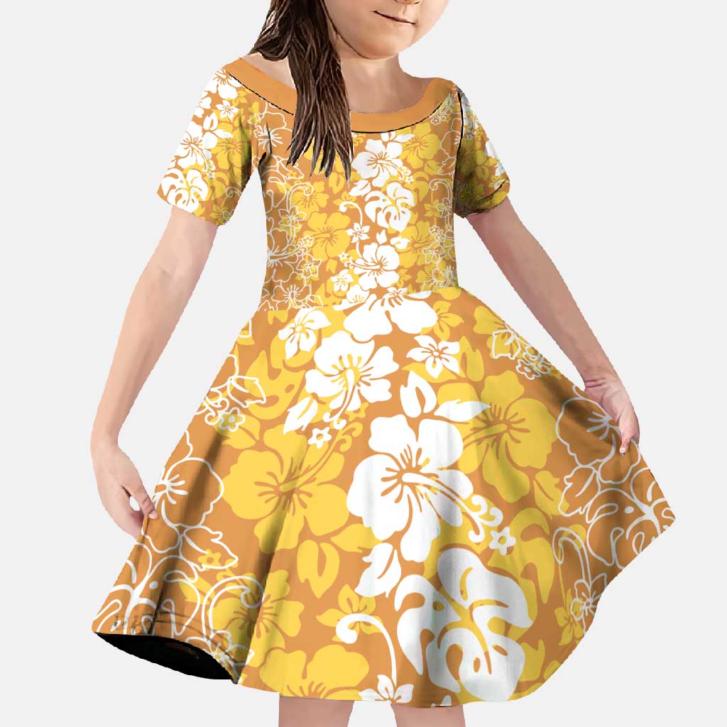 Hawaiian Lei Day Family Matching Short Sleeve Bodycon Dress and Hawaiian Shirt Gold Hibiscus Flowers Lei Art LT9 Daughter's Dress Gold - Polynesian Pride
