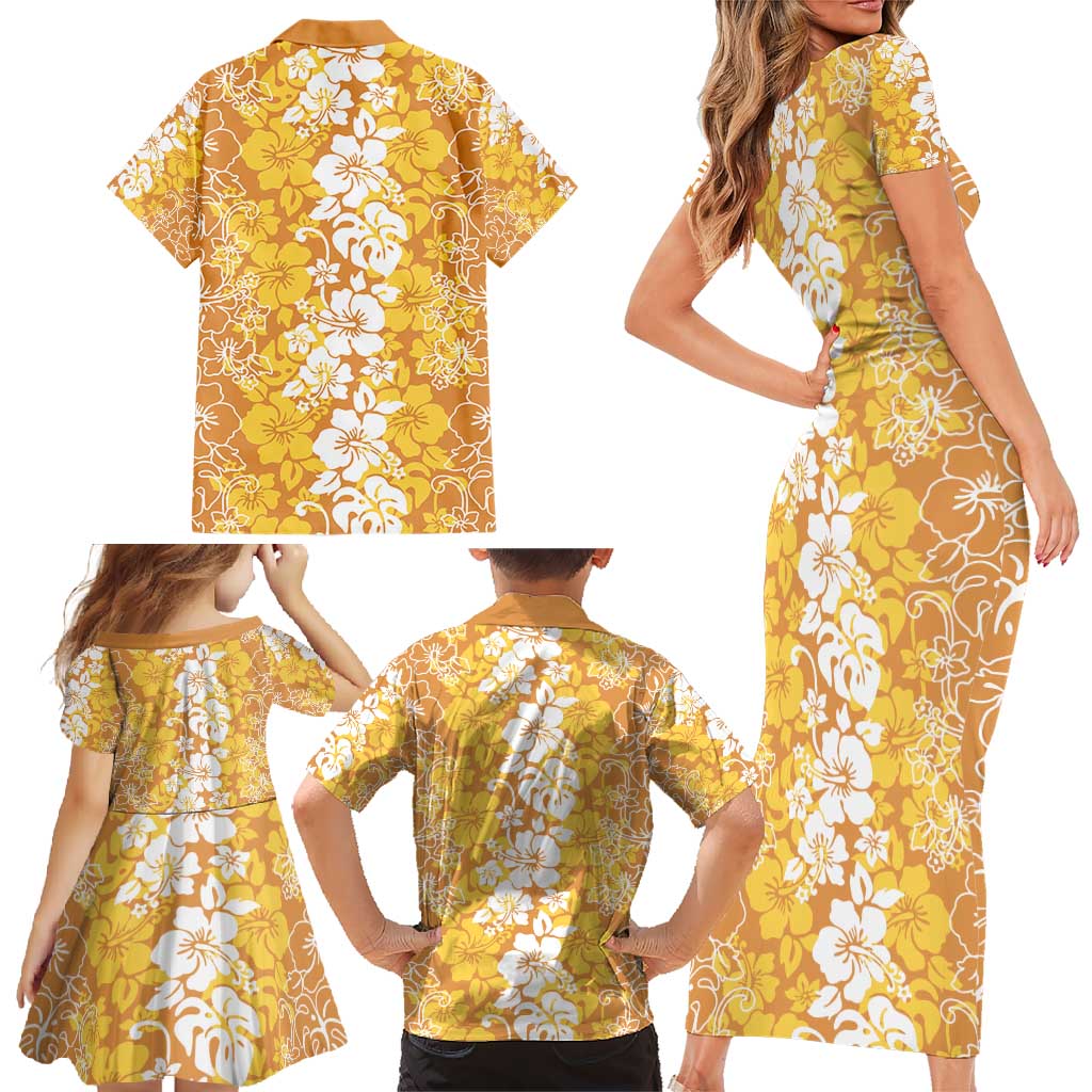 Hawaiian Lei Day Family Matching Short Sleeve Bodycon Dress and Hawaiian Shirt Gold Hibiscus Flowers Lei Art LT9 - Polynesian Pride