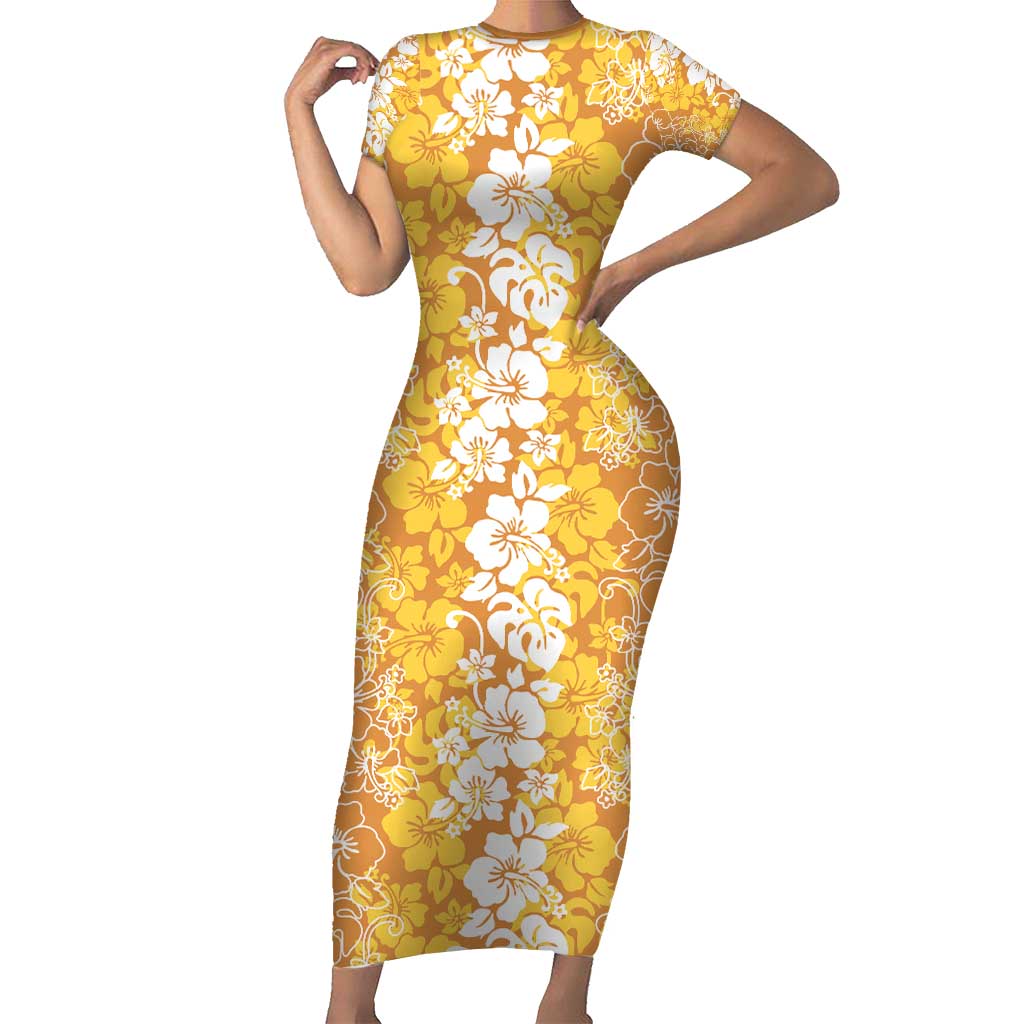 Hawaiian Lei Day Family Matching Short Sleeve Bodycon Dress and Hawaiian Shirt Gold Hibiscus Flowers Lei Art LT9 Mom's Dress Gold - Polynesian Pride