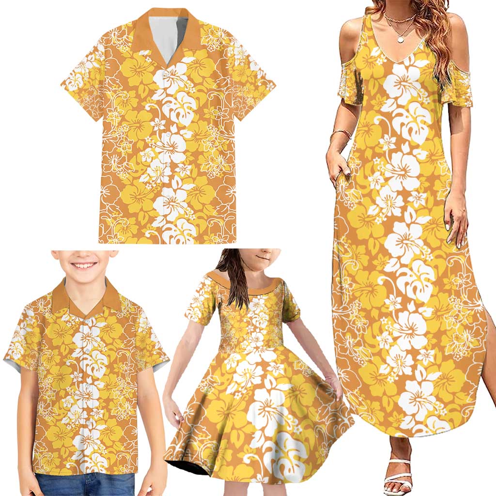 Hawaiian Lei Day Family Matching Summer Maxi Dress and Hawaiian Shirt Gold Hibiscus Flowers Lei Art LT9 - Polynesian Pride