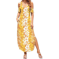 Hawaiian Lei Day Family Matching Summer Maxi Dress and Hawaiian Shirt Gold Hibiscus Flowers Lei Art LT9 Mom's Dress Gold - Polynesian Pride