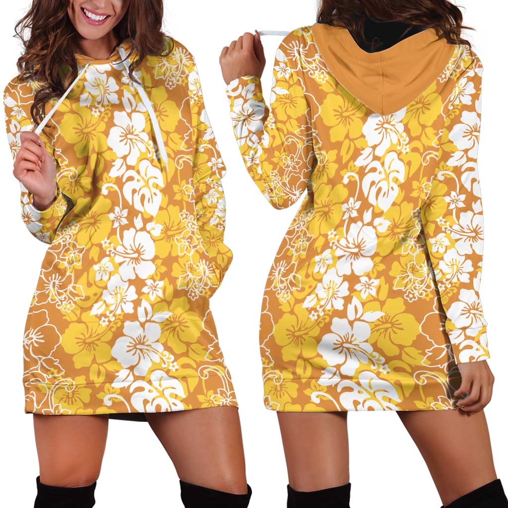Hawaiian Lei Day Hoodie Dress Gold Hibiscus Flowers Lei Art