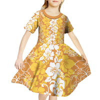 Hawaiian Lei Day Kid Short Sleeve Dress Gold Hibiscus Flowers Lei Art LT9 - Polynesian Pride