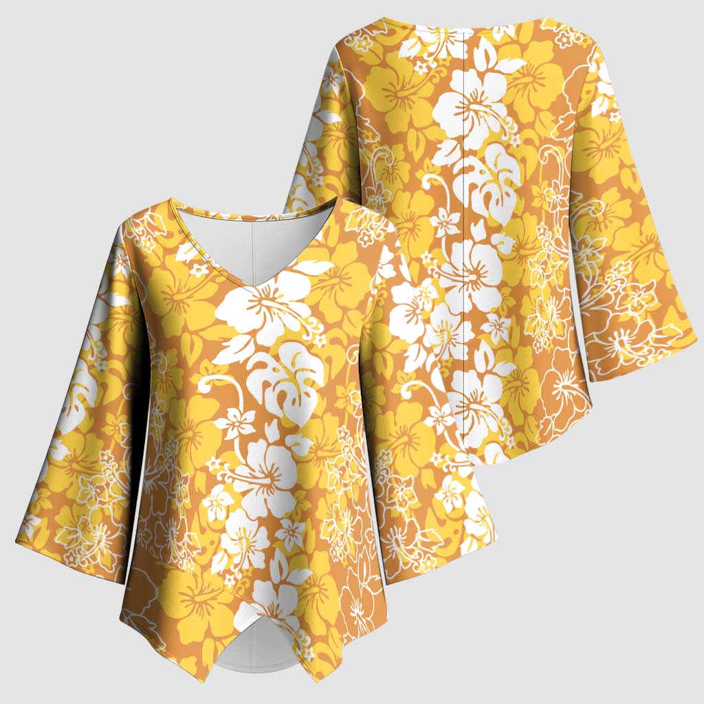 Hawaiian Lei Day Kimono Sleeve Blouse Gold Hibiscus Flowers Lei Art - Polynesian Pride