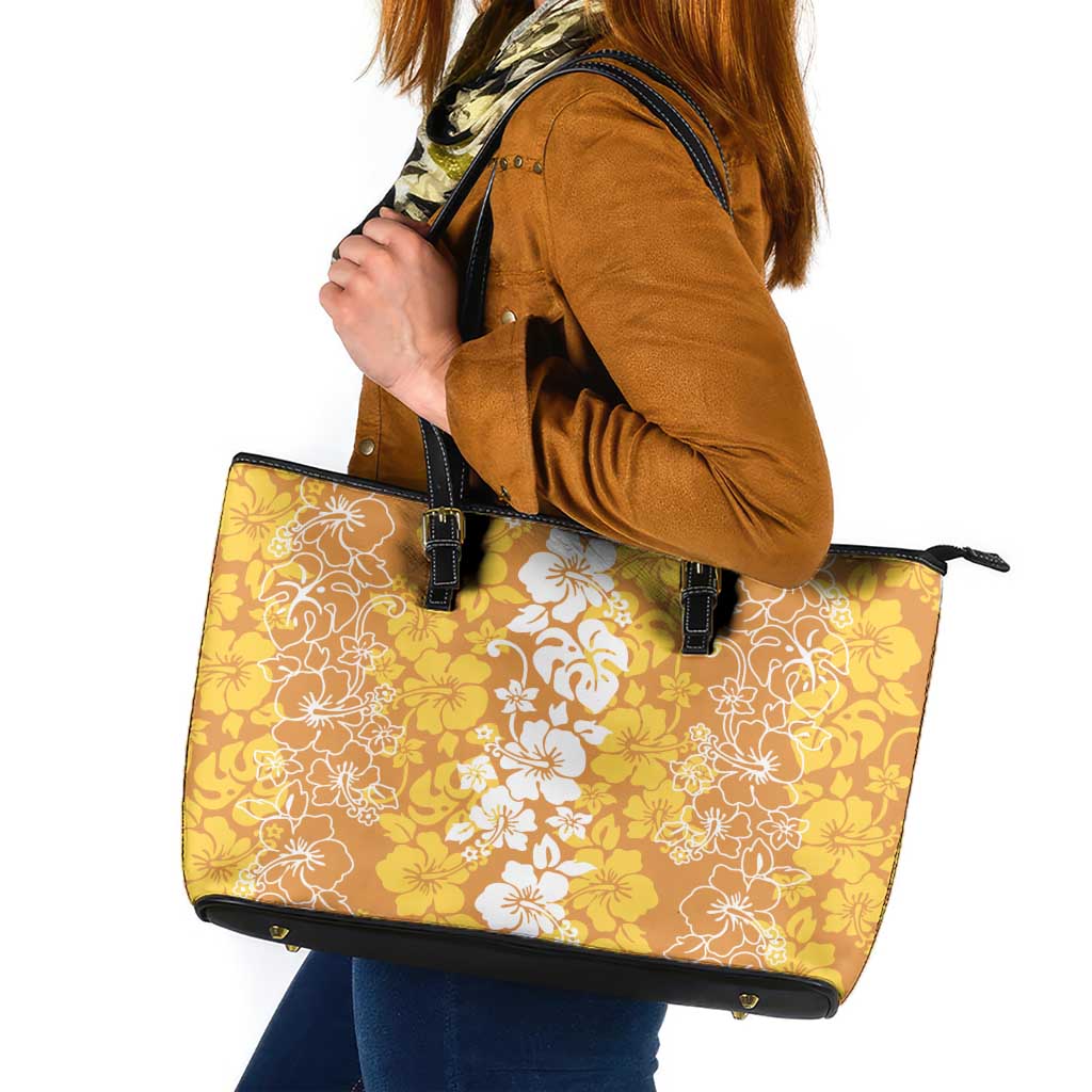 Hawaiian Lei Day Leather Tote Bag Gold Hibiscus Flowers Lei Art LT9 Gold - Polynesian Pride