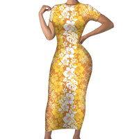 Hawaiian Lei Day Short Sleeve Bodycon Dress Gold Hibiscus Flowers Lei Art LT9 Long Dress Gold - Polynesian Pride