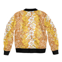 Hawaiian Lei Day Sleeve Zip Bomber Jacket Gold Hibiscus Flowers Lei Art