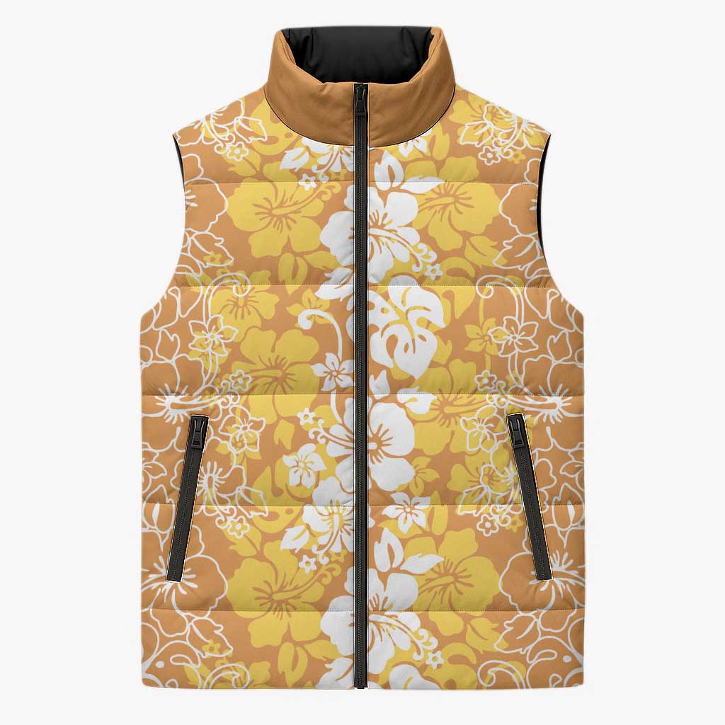 Hawaiian Lei Day Sleeveless Puffer Jacket Gold Hibiscus Flowers Lei Art LT9 Unisex Gold - Polynesian Pride