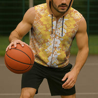 Hawaiian Lei Day Sleeveless Zip Hoodie Gold Hibiscus Flowers Lei Art - Polynesian Pride